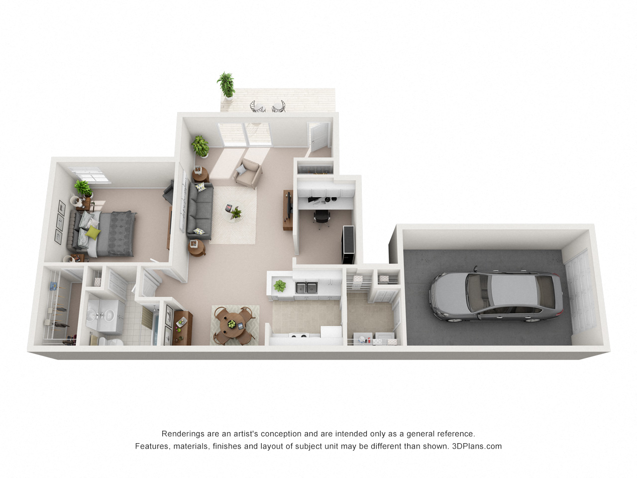 Floor plan for 1 bed, 1 bath, 961 sqft
